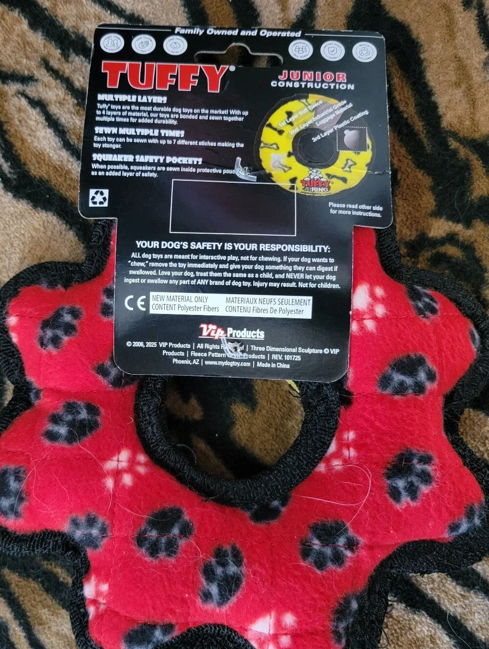 Tuffy Jr. Dog Red Paw-Print Star Toy .. Tuff scale 9 New Ea.